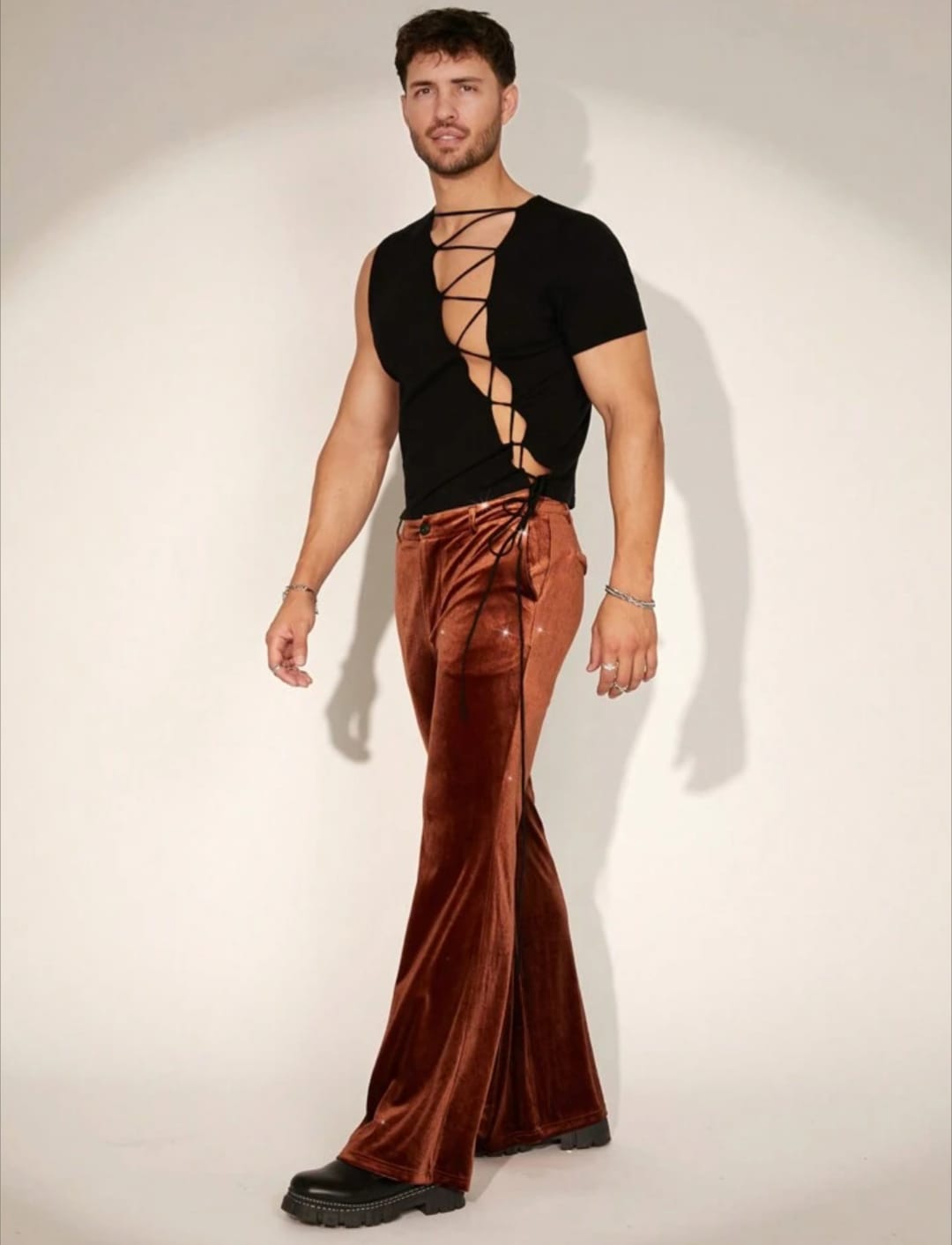 Men's Brown Velvet Flared Pants – Retro Wide-Leg Fashion Trousers